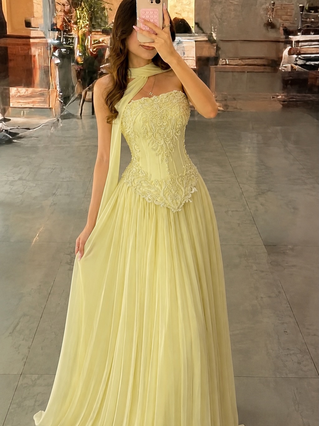 Embroidery Yellow Dress - فستان سهرة نسائي مخصص مثير من