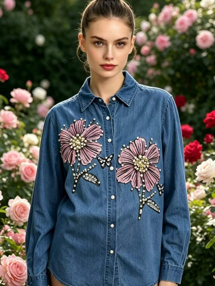 Embroidery Cotton Shirt - بلوزات نسائية من الدنيم مطرزة بأكمام
