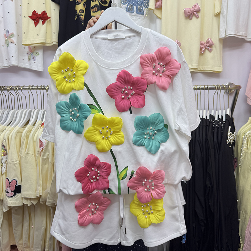 Embroidery Cotton Shirt - الصيف الملونة ثلاثية الأبعاد الزهور تي